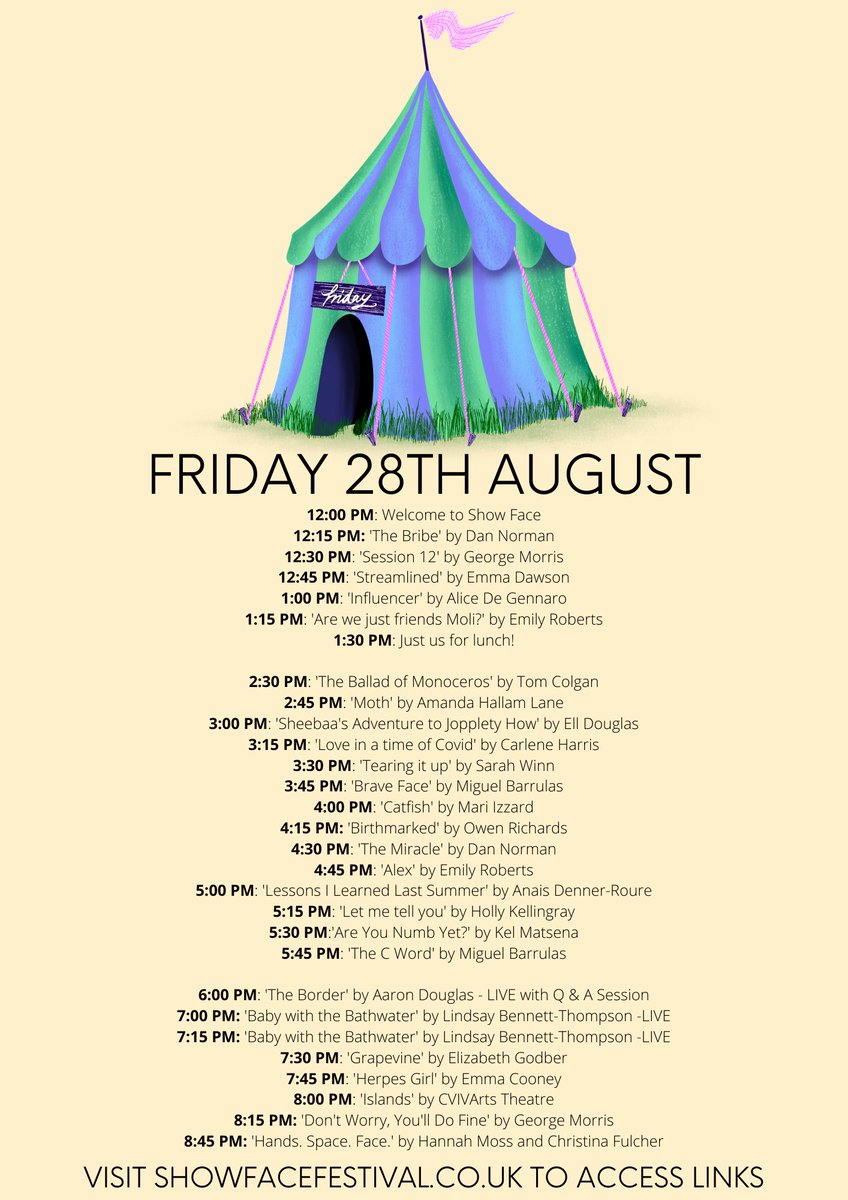 showfacefest's tweet photo. SHOW FACE FESTIVAL SCHEDULE! Find out when our FANTASTIC shows are running over the bank holiday weekend! For more information visit https://t.co/W6HAVV9P59  THIS IS GOING TO BE GOOD!

Also, a huge thank you so much to Ellie Bassford for our wonderful day tent designs! 🎪⭐️ https://t.co/rXDprzOntr