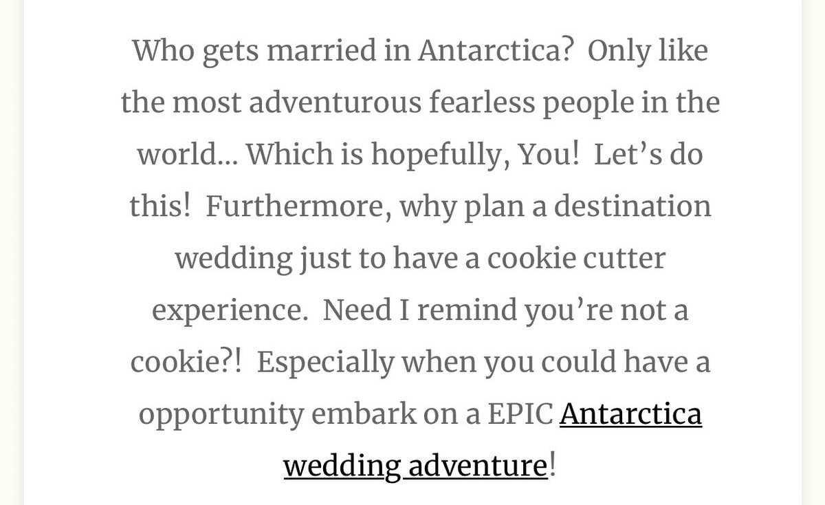 I don’t know if the person writing this copy actually hates Antarctica and smug couples (as is correct), or loves them, like some kind of monster Also nobody says “epic” any more what are you 70