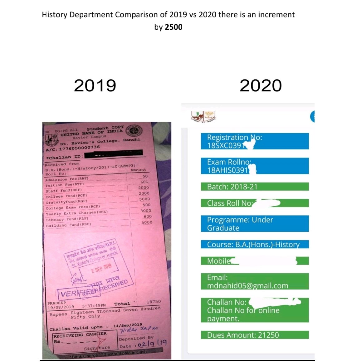 pratulshahdeo's tweet photo. During this #COVID19 Pandemic St Xavier's College,Ranchi has increased its fees n is forcing students to pay it too.
@DrRPNishank Sir pls intervene.
@DC_Ranchi Even u ve enormous powers under the Pandemic Act. Stop this exploitation pls.
#InjusticeToStudents #ReduceUnwantedFees https://t.co/7dhyqBeQjl