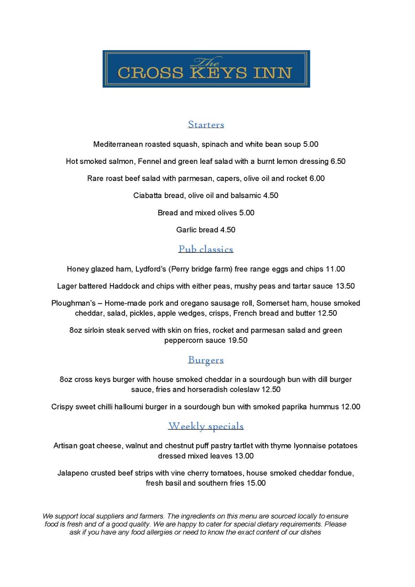 Cross Keys Inn (@realcrosskeys) on Twitter photo Gosh, last week disappeared in a wink! Here is the new menu for this week. Come and join us, ring 01963 240473 or email: enquiries@crosskeysinn.info to book a table. Gosh, last week disappeared in a wink! Here is the new menu for this week. Come and join us, ring 01963 240473 or email: enquiries@crosskeysinn.info to book a table.