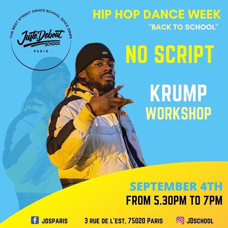 tonynoscript's tweet photo. Blc 
 Rendez-vous le 4 septembre à la jd Scool pour un Workshop Krump avec moi même , toute les informations sur le flyer 🕺🏾
@JD_School https://t.co/fmrwlilsTV