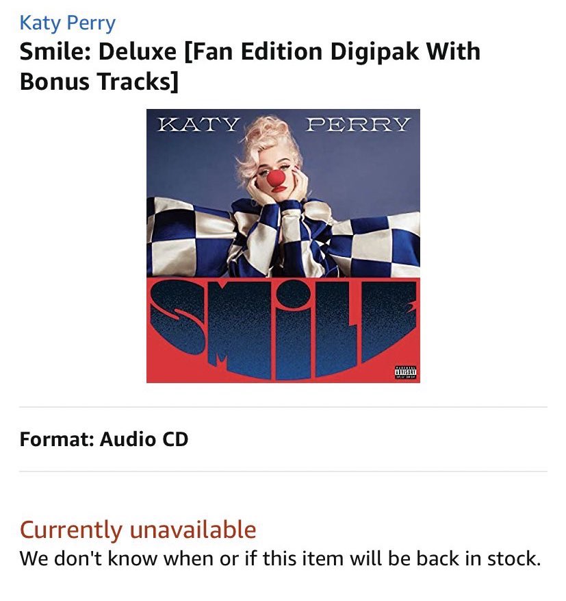 KatyPerryARG's tweet photo. El pre-order de la Fan Edition de #SMILE se encuentra AGOTADO en Amazon US https://t.co/yQmJ8mgda0