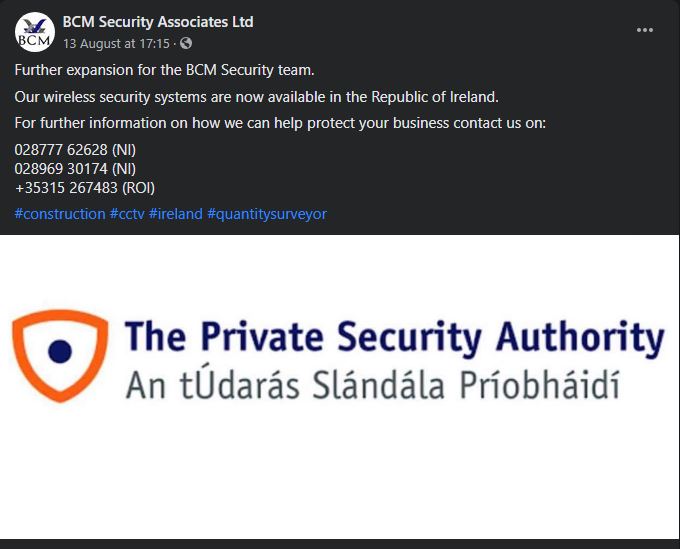 We are expanding into Rep of Ireland. PSA Licence received. Thefts from Building Sites are on the increase. We provide FREE Site Surveys and have the most up to date Security Solutions at very competitive prices. Email info@bcmsecurity.co.uk #BelfastHour #CausewayHour #DublinHour