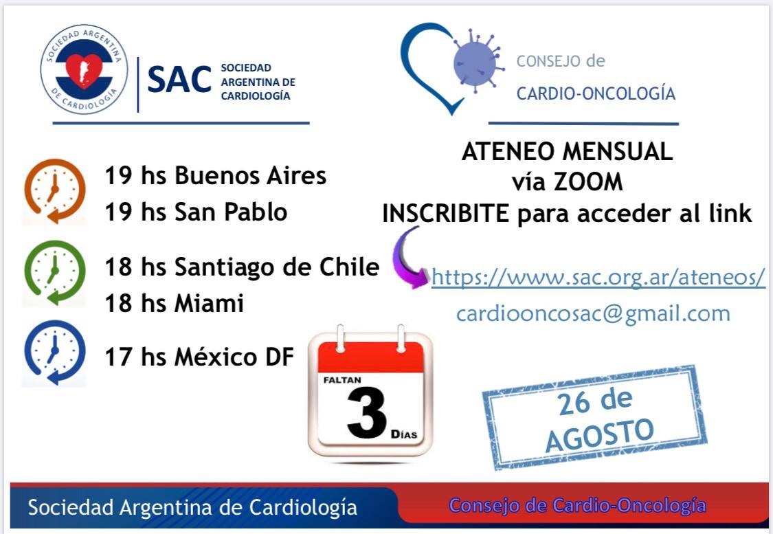 SantosDanielMD's tweet photo. Los esperamos en el próximo ateneo de Cardioncología de la SAC.  Con casos de cardoxicidad en Ca. Renal y Melanoma. Miércoles 26/8 19 hs. https://t.co/Z2koG5lbkf
@fedelosco @aaoncoclinica @Cardioncohmm @JuanCLastiri 
@IAF_Fleming https://t.co/p9QdTMZb6s