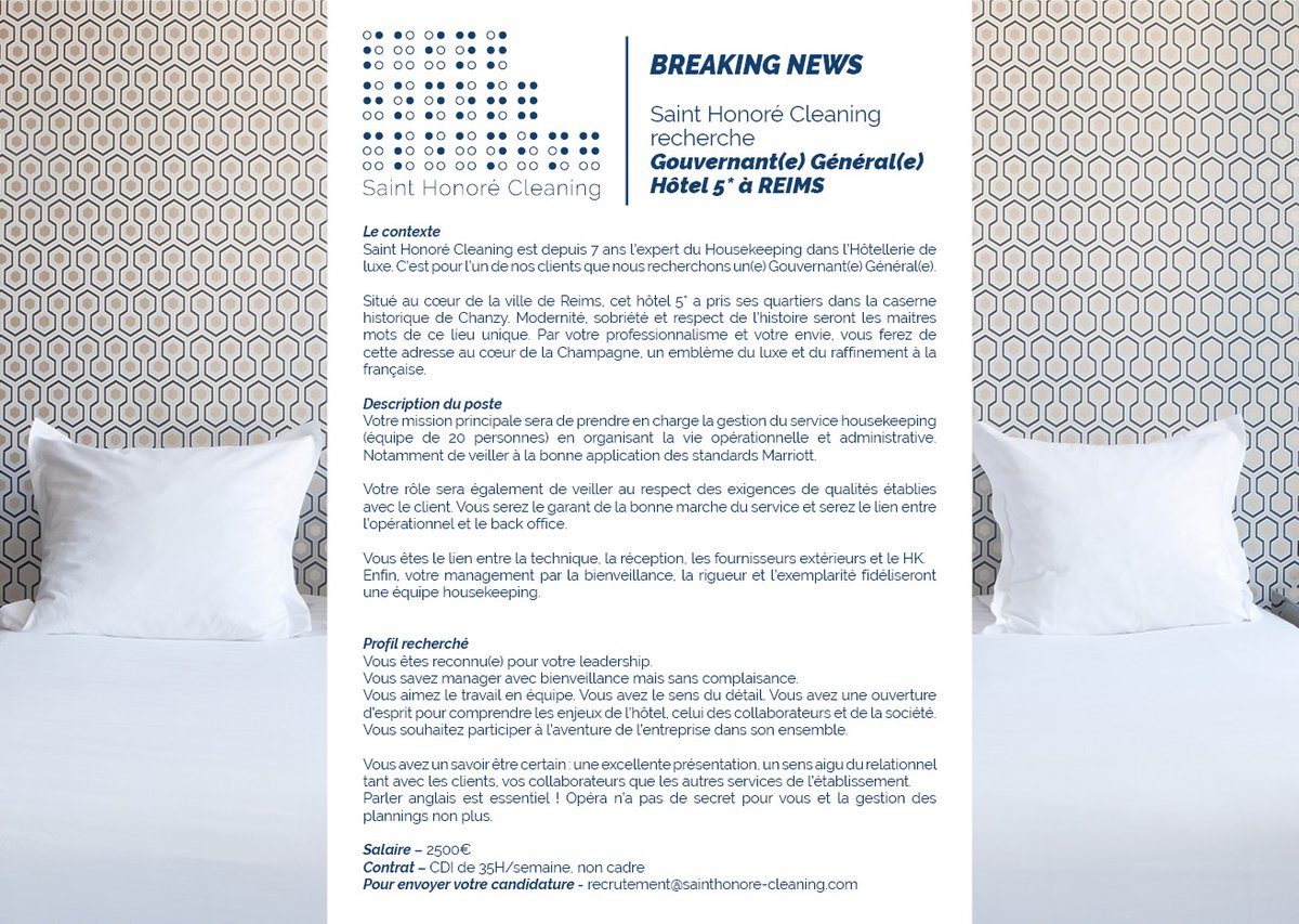 SHC_Paris's tweet photo. 🕵️‍♀️ OFFRE D'EMPLOI #REIMS / Hôtel 5* 🕵️‍♀️
Nous recherchons notre futur(e) Gouvernant(e) Général(e) !
Partagez ou postulez sur recrutement@sainthonore-cleaning.com

#Emploi #Job #Hotellerie #Recrutement https://t.co/NbDFgvjZB0