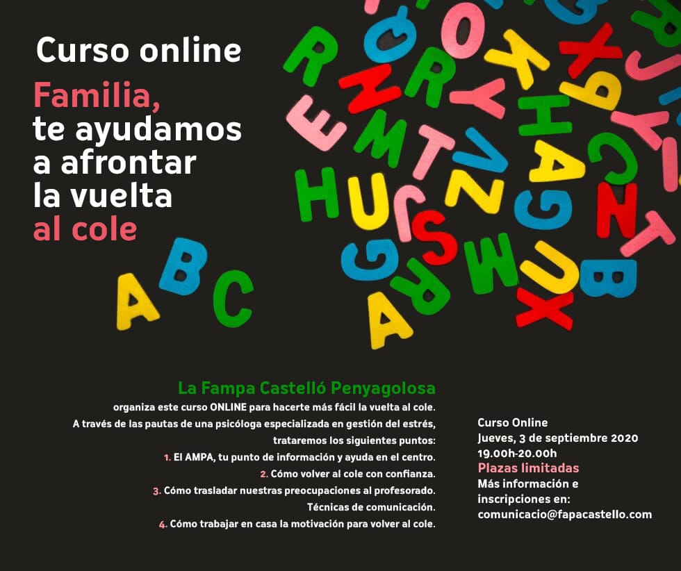 FAMPACS's tweet photo. 📢 Organitzem un curs en línia per facilitar la tornada a l'escola i el nou procés d'adaptació que les famílies tenim per davant.

📍El curs tindrà lloc el dijous 3 de setembre de 19 h a 20 h.

📄Inscripcions: https://t.co/rrFo96JOyE i comunicacio@fapacastello.com https://t.co/dRY0ejhdgN