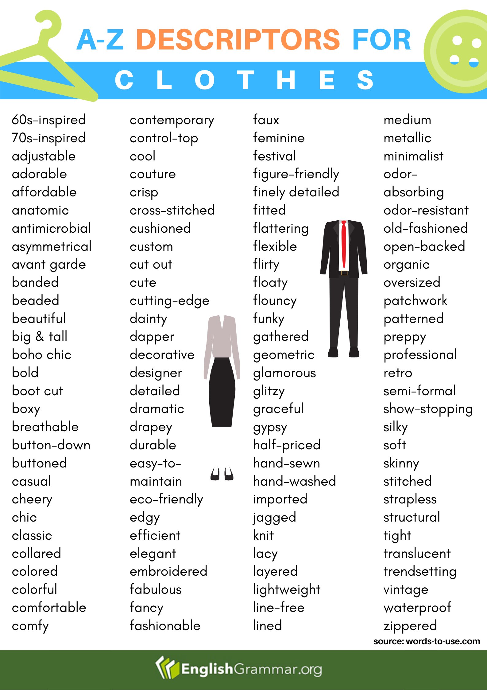 English Grammar on X: A-Z Descriptors for Clothes #vocabulary #English  #conversations #communication #writing #amwriting #writingtips  #creativewriting #writingcommunity  / X