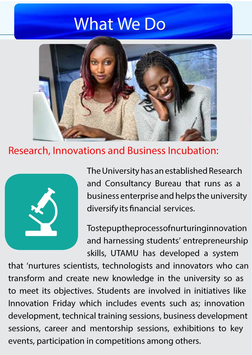utamu_uni's tweet photo. Our Core Function:
2. Research, Innovations and Business Incubation
#IamUtamu
#UTAMUUniversity
#ICTM20
#ICTM https://t.co/LJdoxogptG
