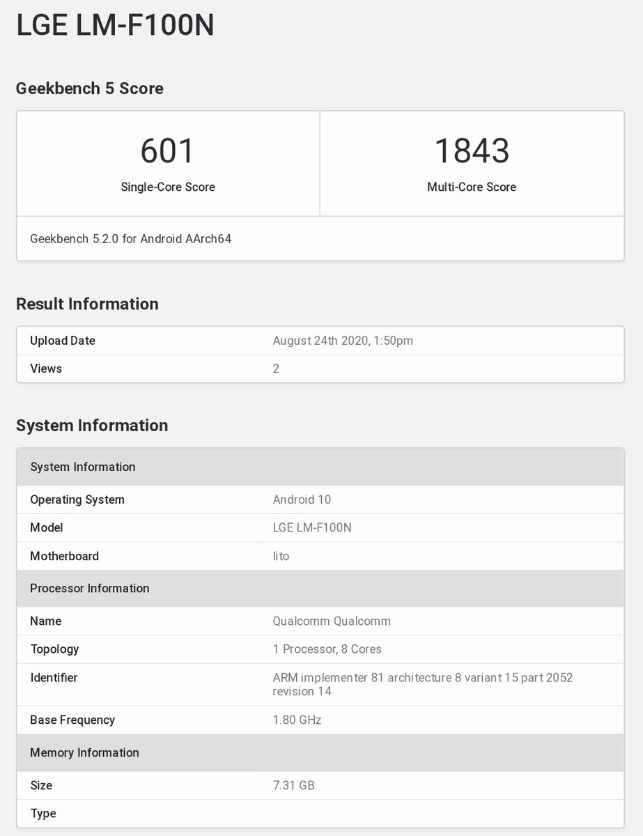 yabhishekhd's tweet photo. LG Horizontal instinct Smartphone Spotted On Geekbench.
•Snapdragon 765G
•Adreno 620
•8GB Ram 
•Android 10
6.8 inch Main Display &amp; 4 inch Horizontal Display.
Source https://t.co/2L58E0k1dM https://t.co/GF4oCfB7vx