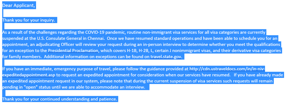 Krishnan Gopalan (@g_krish_gopal) on Twitter photo Why should expedited requests wait for services to resume
<a href="/StateDept/">Department of State</a> <a href="/TravelGov/">Travel - State Dept</a>? Are consulates already not processing some NIVs? 5+months now, why the standard response to pause NIVs? Why is public kept in the dark? Ridiulous! @ImmAttyBanias <a href="/USAmbIndia/">U.S. Ambassador to India</a> <a href="/curtisatlaw/">curtisatlaw</a>
<a href="/gsiskind/">Greg Siskind</a> Why should expedited requests wait for services to resume
<a href="/StateDept/">Department of State</a> <a href="/TravelGov/">Travel - State Dept</a>? Are consulates already not processing some NIVs? 5+months now, why the standard response to pause NIVs? Why is public kept in the dark? Ridiulous! @ImmAttyBanias <a href="/USAmbIndia/">U.S. Ambassador to India</a> <a href="/curtisatlaw/">curtisatlaw</a>
<a href="/gsiskind/">Greg Siskind</a>