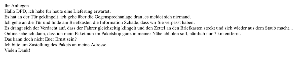 TCM_Mohr's tweet photo. @dpd_de TicketID #18796883, Teil 1 / 4: Mein Anliegen https://t.co/hxSIkIO5rz