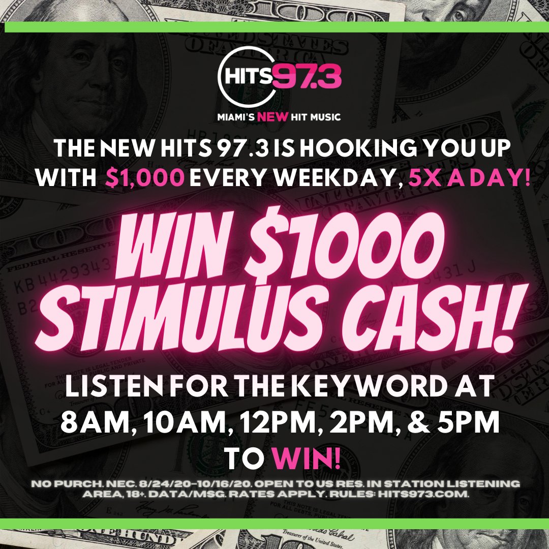 HITS973's tweet photo. It's the best time of the year because #TheNewHits973 is giving away $1000 Stimulus Cash 5X A DAY, EVERY WEEKDAY!!! Make sure to listen for the keyword so you can get hooked up with some CASHHH!!!💰 #WFLC #MiamisNewHitMusic #Money #StimulusCash https://t.co/ewoiBHSJaj