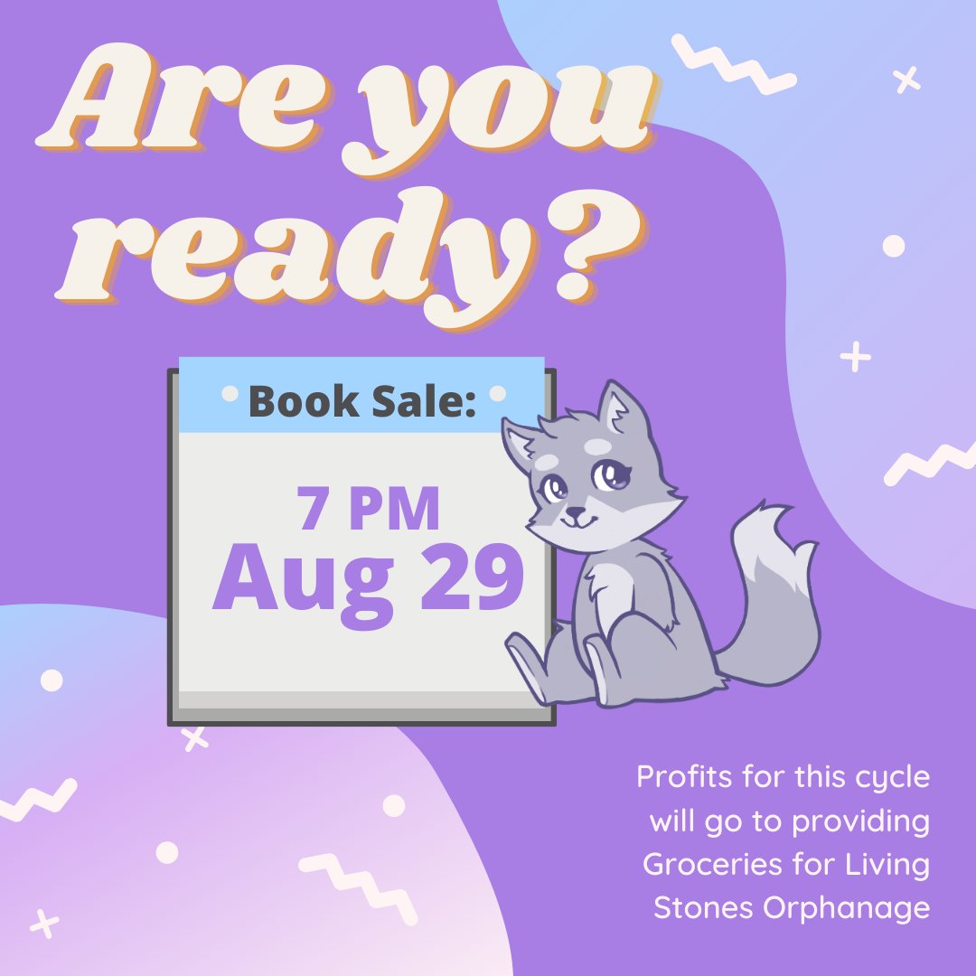 🚨 BOOK SALE ALERT 🚨
🗓️ AUGUST 29, 7 PM 🗓️

What? Already? That's right, Little Wolf DVO is once again helping you with the #StayHomeAndRead Challenge! 💜🐺

Books sold for this cycle will go to providing groceries and necessities for Living Stones Orphanage.