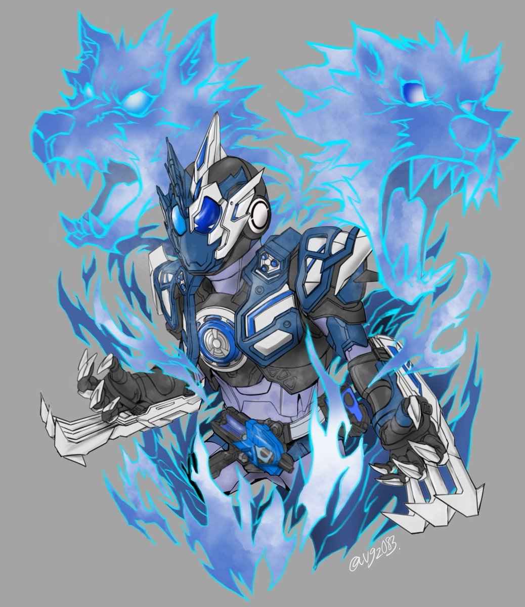 1boy male focus blue eyes wolf armor tokusatsu weapon  illustration images