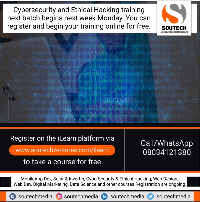 soutechmedia's tweet photo. Cybersecurity and Ethical Hacking Training begins next week. You can register (https://t.co/M6GDnI3gj1) and start learning for free.

#elearning #mondaythoughts #CyberSecurity #ethical #ethicalhacking #SOUTECHiLearn #SOUTECHMedia https://t.co/HhJHmlqp7P
