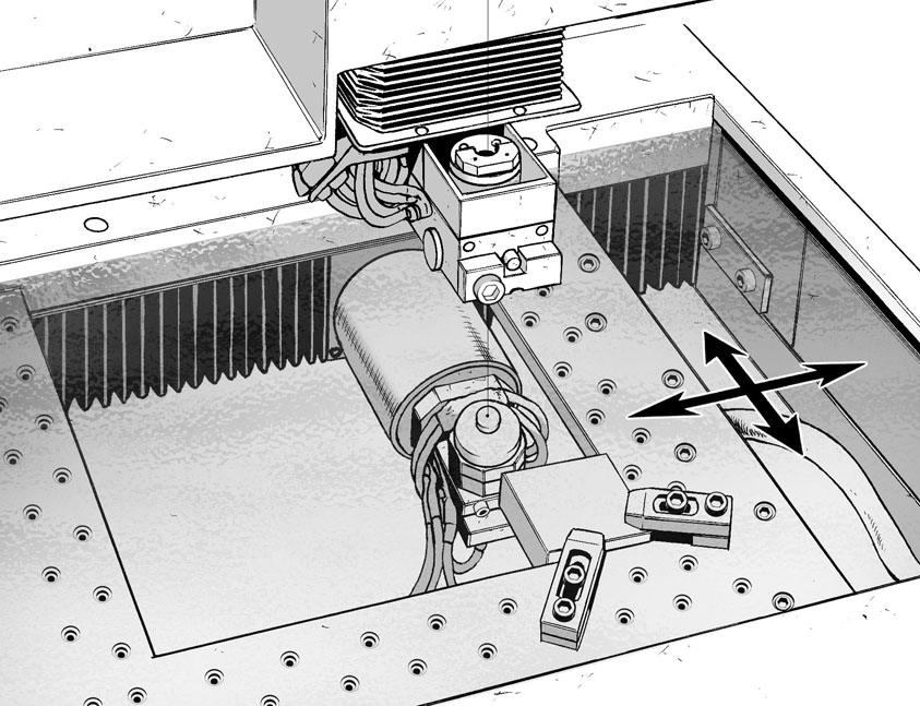 描くのが大変だったワイヤーカット放電加工機ですが、加工してるところもかなり面倒でした。
ワークと水槽と水の表面と機械上部、機械下部がすべて別レイヤーになってて位置を動かすことができます。 