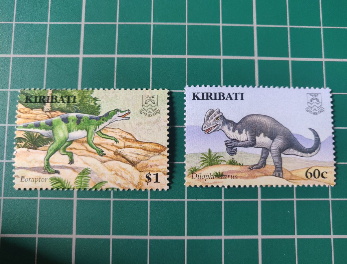 The islands nation of Kiribati has some cool stamps but I picked these two because the Eoraptor and Dilophosaur look very suspicious. The Dilophosaur in particular is up to something. Don't know what yet, but I doubt it'll end well.