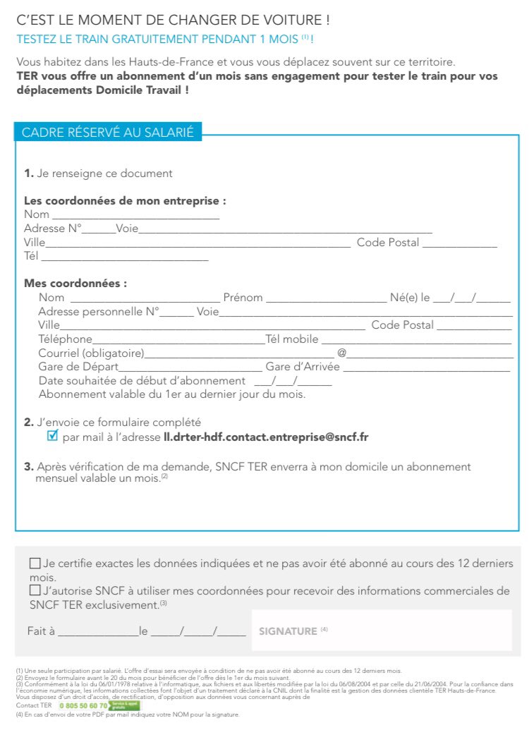 Vous êtes salariés, vous résidez et travaillez dans la région Hauts-de-France,
L’offre « Testez le train » vous permet de voyager en TER pendant un mois gratuitement et sans engagement pour vos déplacements domicile travail,
 
N’hésitez pas, testez !