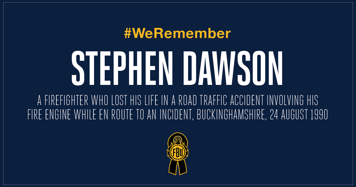 fbunational's tweet photo. #WeRemember firefighter Stephen Dawson, who tragically lost his life when his fire engine was involved in a road traffic accident while en route to an incident, on 24 August 1990. https://t.co/33fuDNc6vk