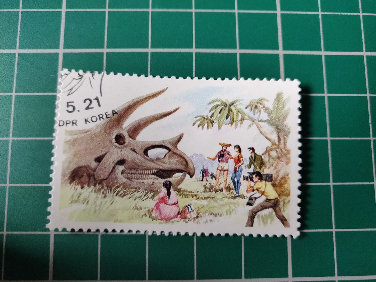 Now we have a mystery stamp. No writing (other than a DRPK stamp). Did some research online and can find nothing about this stamp. It's some bizarre TV show with a Triceratops skull that is 5-6 times bigger than in life. Pretty weird.