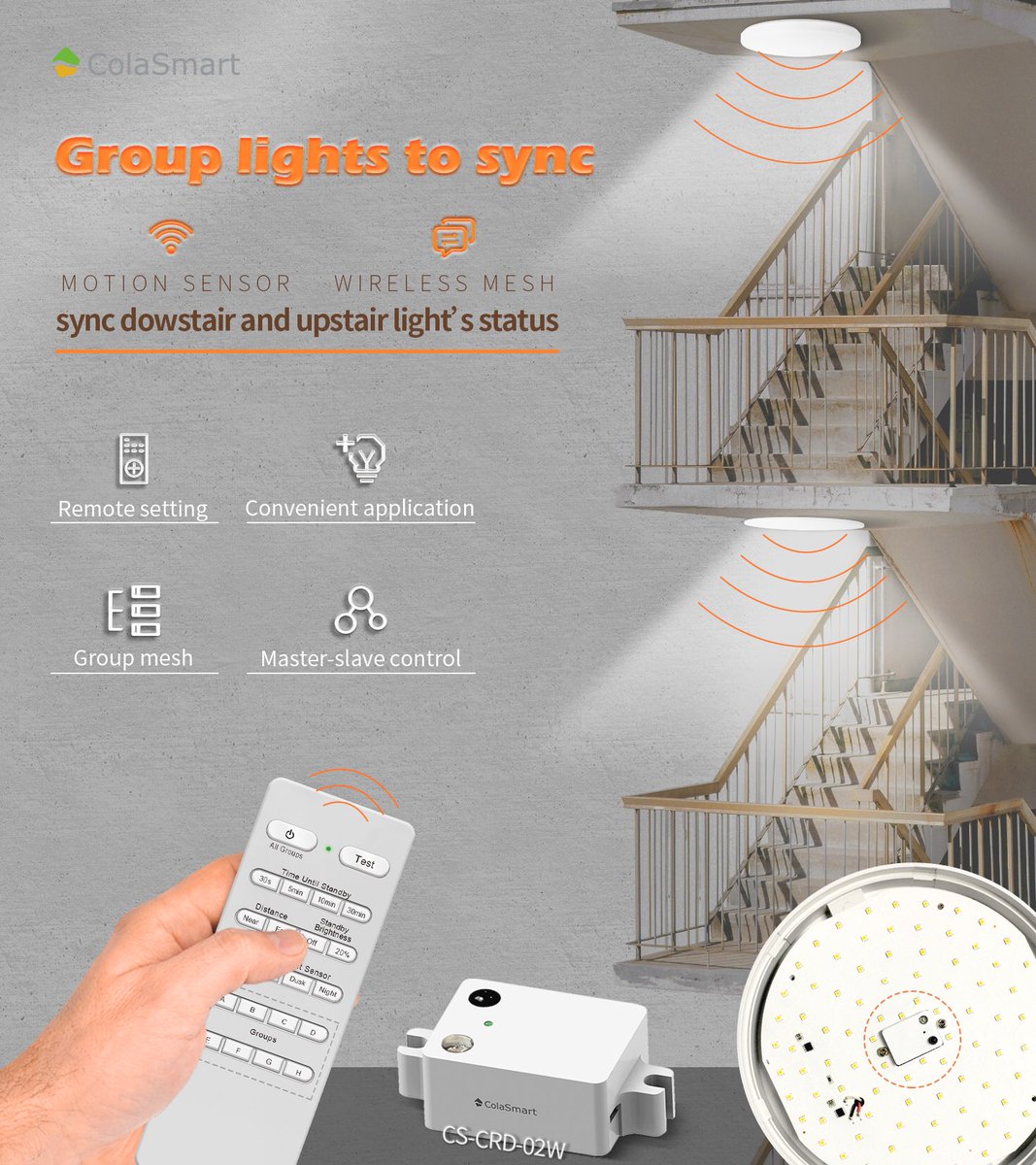 Colasmart's CS-CRD-02W microwave motion sensor combines 2.4G RF mesh+HF microwave motion sensor technology,which is best solution for stairway,corridor,underground parking etc lighting application! #motion #sensor #smartlight #lighting #stairway #corridor #mesh #RF #microwave