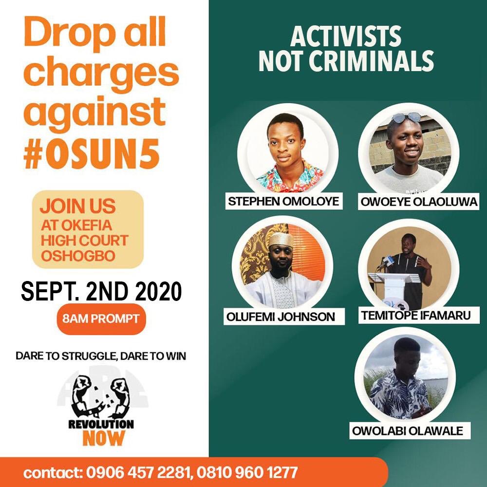 RevolutionNowNg's tweet photo. All roads leads to the high court at Okeifa, Oshogbo on September 2nd. This failed regime cannot intimidate us with DSS or the judiciary, the Nigerian constitution is very clear on our rights to associate, assemble and protest. #Osun5 #RevolutionNow #MondayMotivation https://t.co/2z6ntarpEp