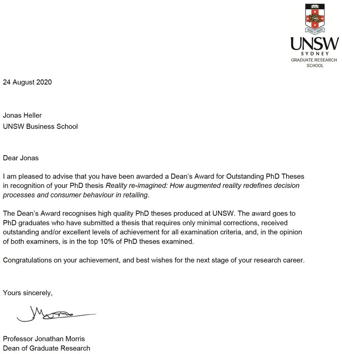 HellerJonas's tweet photo. Happy to share that my PhD dissertation at @UNSWbusiness got recognized with the Dean's Award for Outstanding PhD Theses. It concludes 3.5 years of hard work but also having a great time at UNSW in Australia! Hopefully I will be able to visit again soon!
#phdchat #AcademicChatter https://t.co/3ukULCBGh8