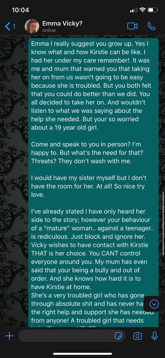 this was my sisters (28 years old) reply to emma (44 years old with 3 kids) emma then blocked my sister.