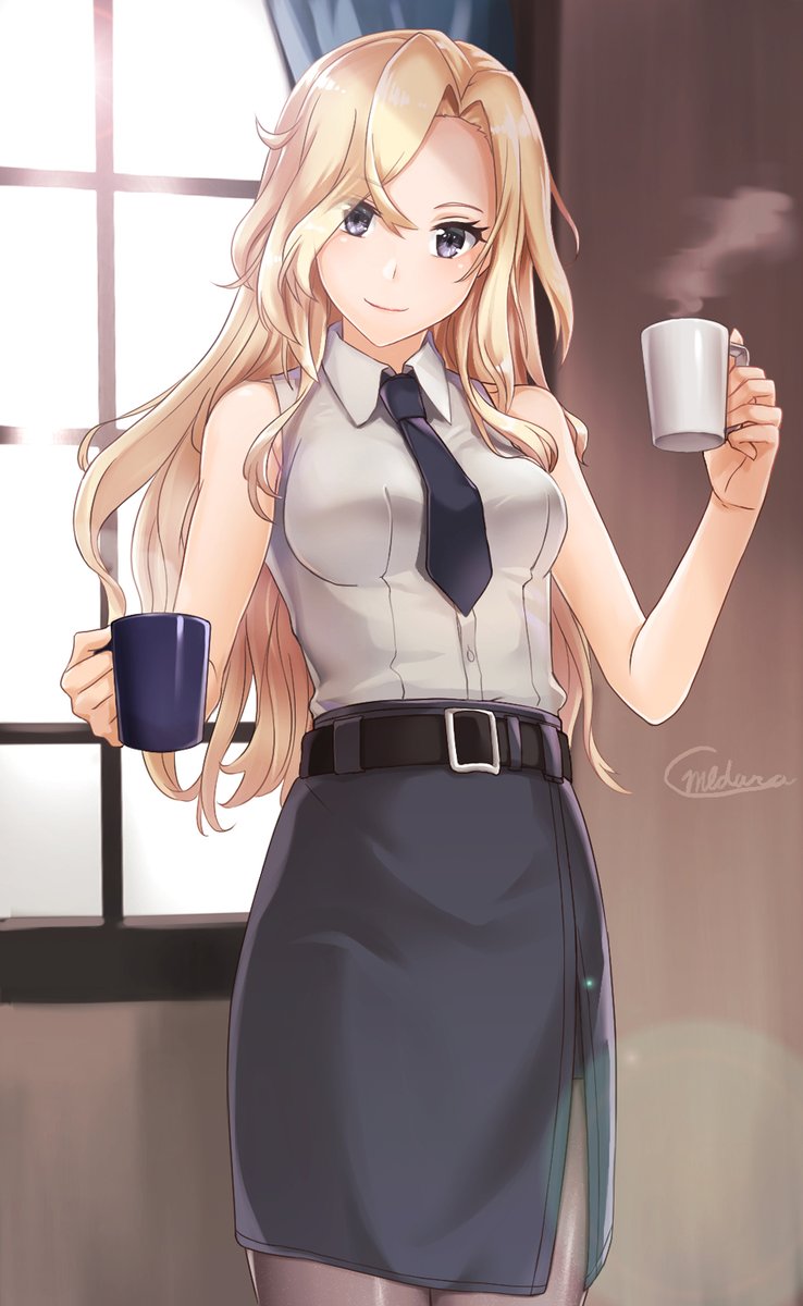 hornet (kancolle) 1girl blonde hair solo long hair cup necktie shirt  illustration images