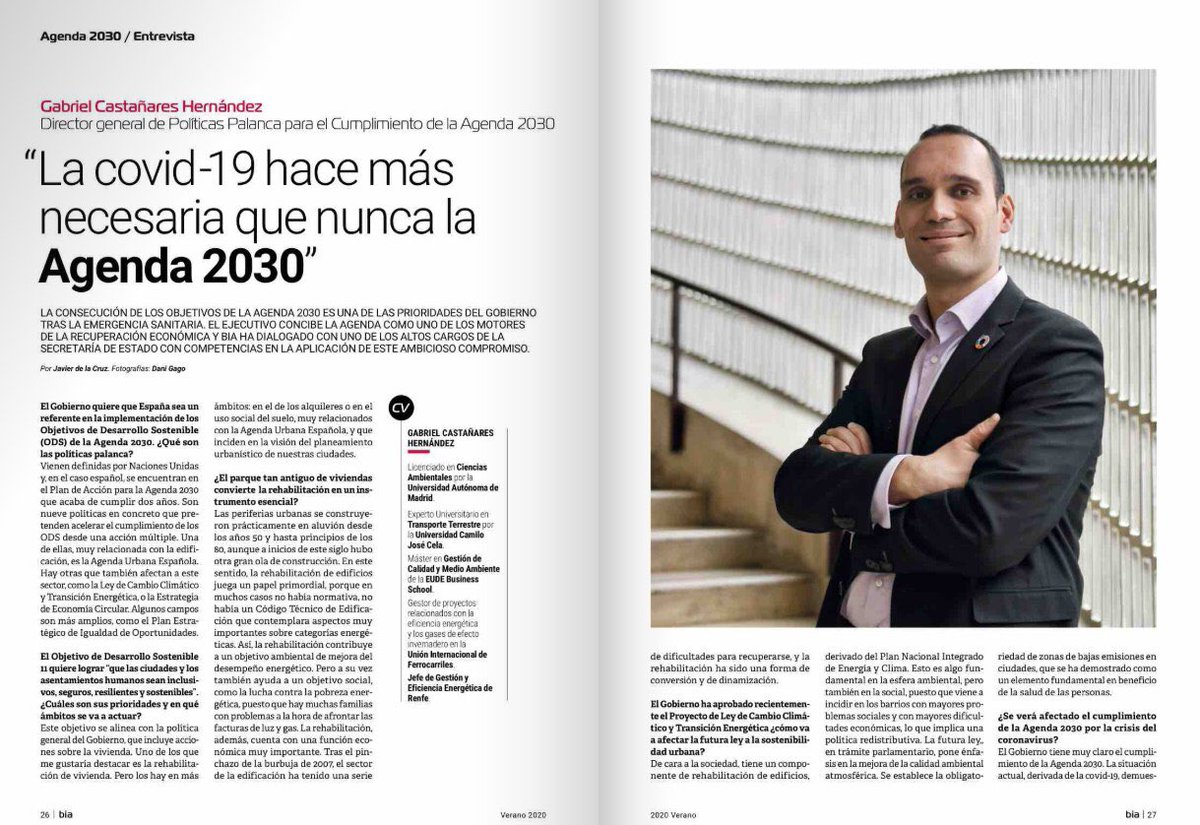 Agenda2030Gob's tweet photo. El director general de Políticas Palanca, @Gabri_CasHer, ha hablado con la revista BIA de @aparejadoresmad sobre la necesidad de hacer nuestras ciudades más sostenibles.

"La COVID-19 hace más necesaria que nunca la #Agenda2030".

Podéis leerla aquí👇 https://t.co/GdTJo9L89e