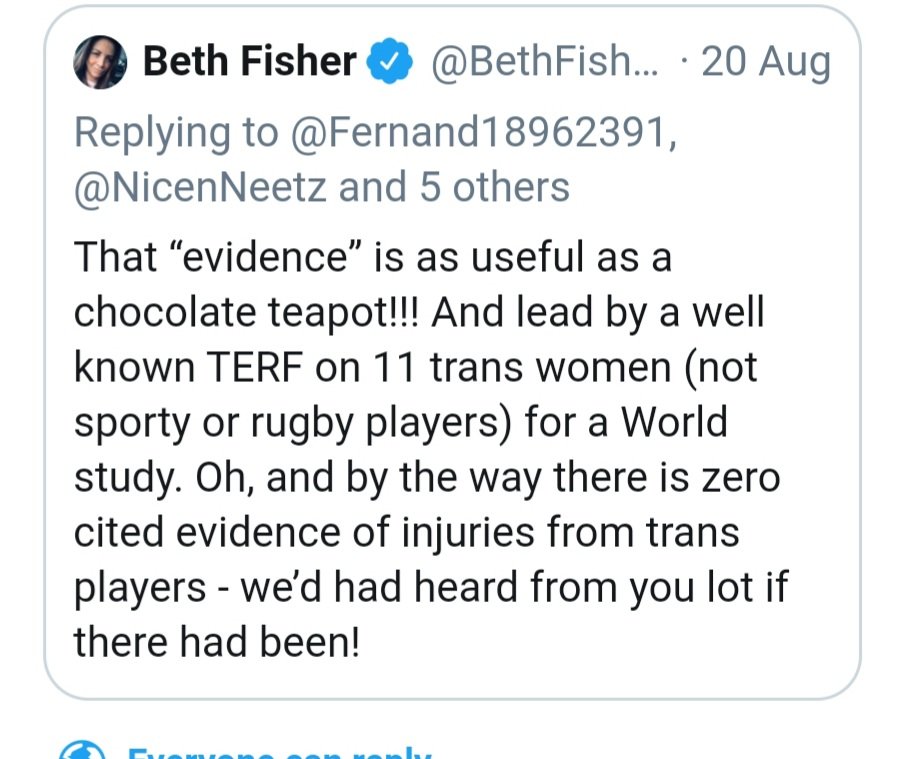 Last week Beth Fisher, a sports journalist made this extraordinary statement on the validity of the science behind World Rugby's proposal to make women's rugby single sex. Thread  1/