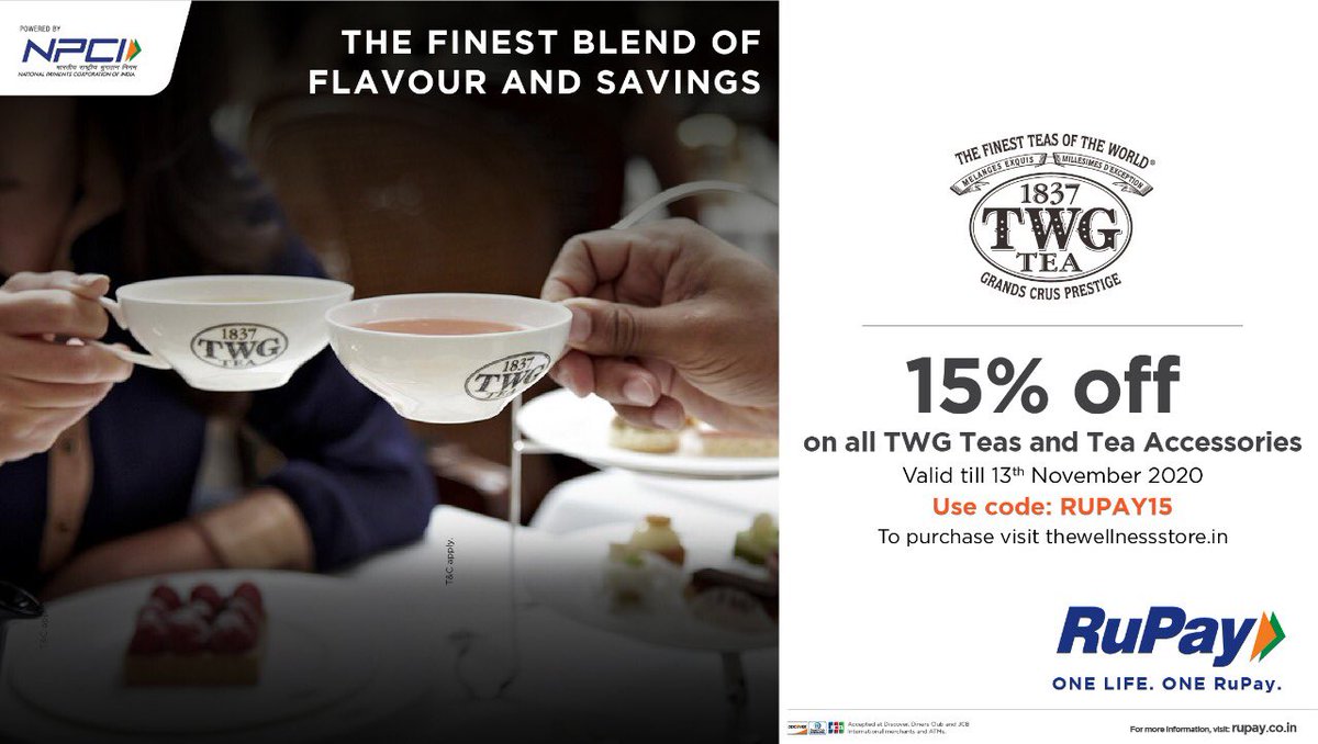 RuPay_npci's tweet image. Order the perfect blend of tea this monsoon. Use your RuPay card to order from the TWG Tea website and get a flat 15% OFF on all products. Use code RUPAY15 to avail the discount. For more, visit: bit.ly/34l63YE
#OneLifeOneRuPay #TWGTea #RuPayoffer #greatdeals #availnow