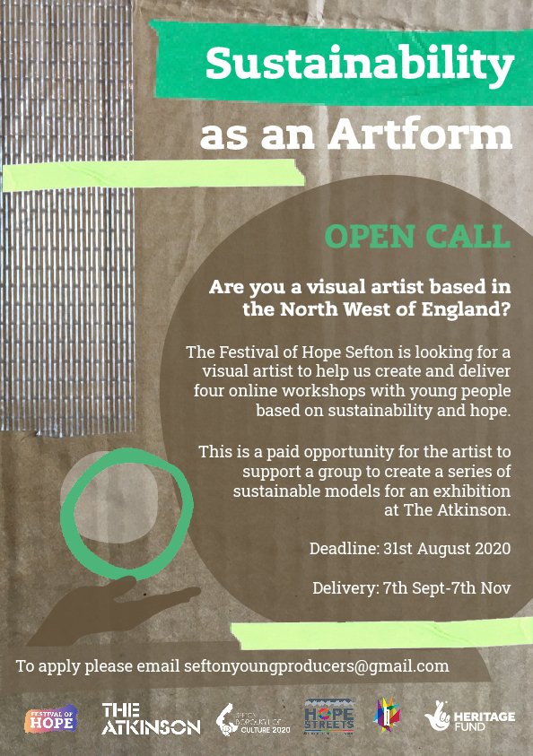 AtkinsonThe's tweet photo. 📣CALL FOR ARTISTS 📣Are you an artist based in the #NorthWest of England? The Festival of Hope #Sefton are looking for artists to collaborate in a series of projects to be delivered in October 2020. ‼️1 WEEK LEFT TO APPLY‼️Please share. More info here 👉 https://t.co/a1cBoUHfcd https://t.co/Y4d1kjFeSs