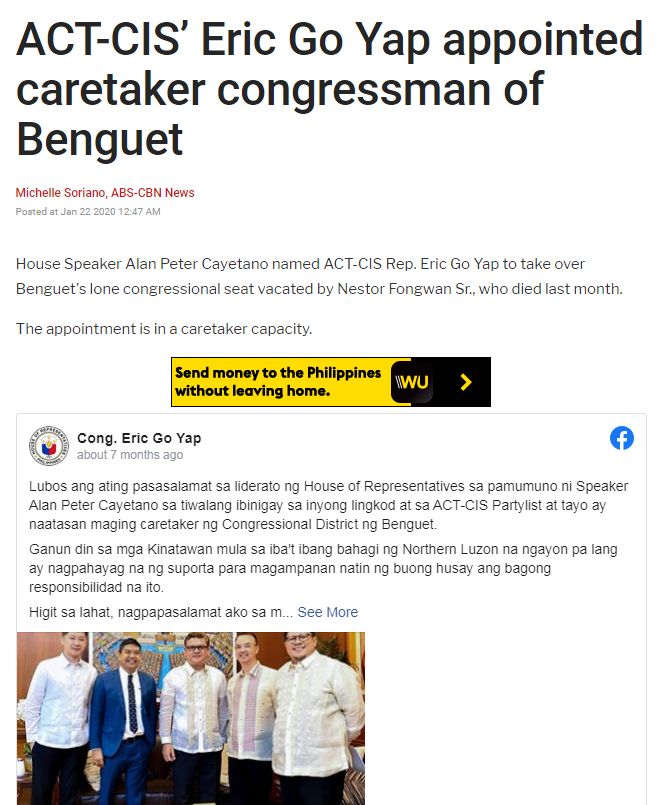 The residents were caught off guard because they were expecting someone from the community or a neighboring district.  @Comelec even suggested that instead of appointing a caretaker, an election could be held.  https://news.abs-cbn.com/news/01/22/20/act-cis-eric-go-yap-appointed-caretaker-congressman-of-benguet