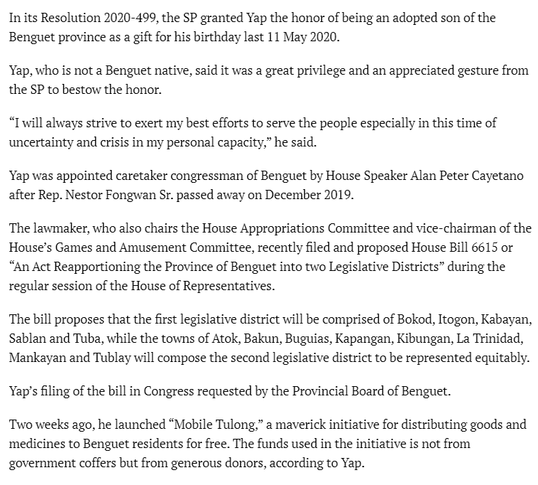 To celebrate his birth, he was declared as the “Son of Benguet” by the SP to further legitimize his claim so in exchange for the gesture, he filed a bill to split the province into two districts. Kaya naman pala!  #GalawangTrapo https://tribune.net.ph/index.php/2020/05/14/yap-is-benguets-adopted-son/