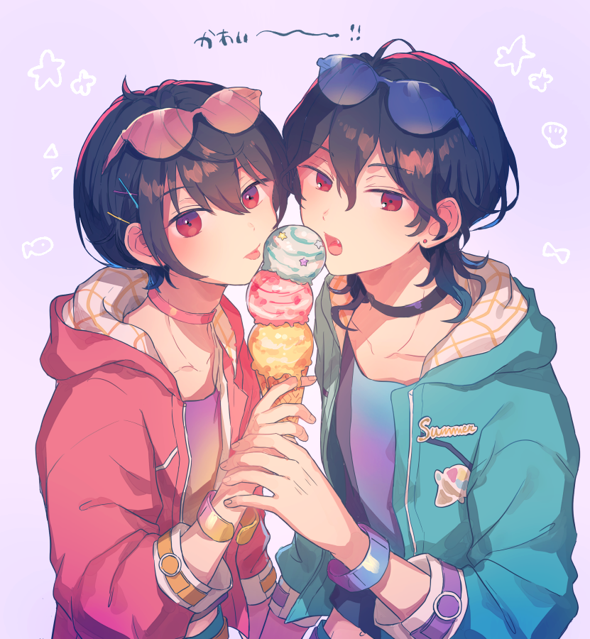 multiple boys ice cream 2boys eyewear on head food red eyes male focus  illustration images