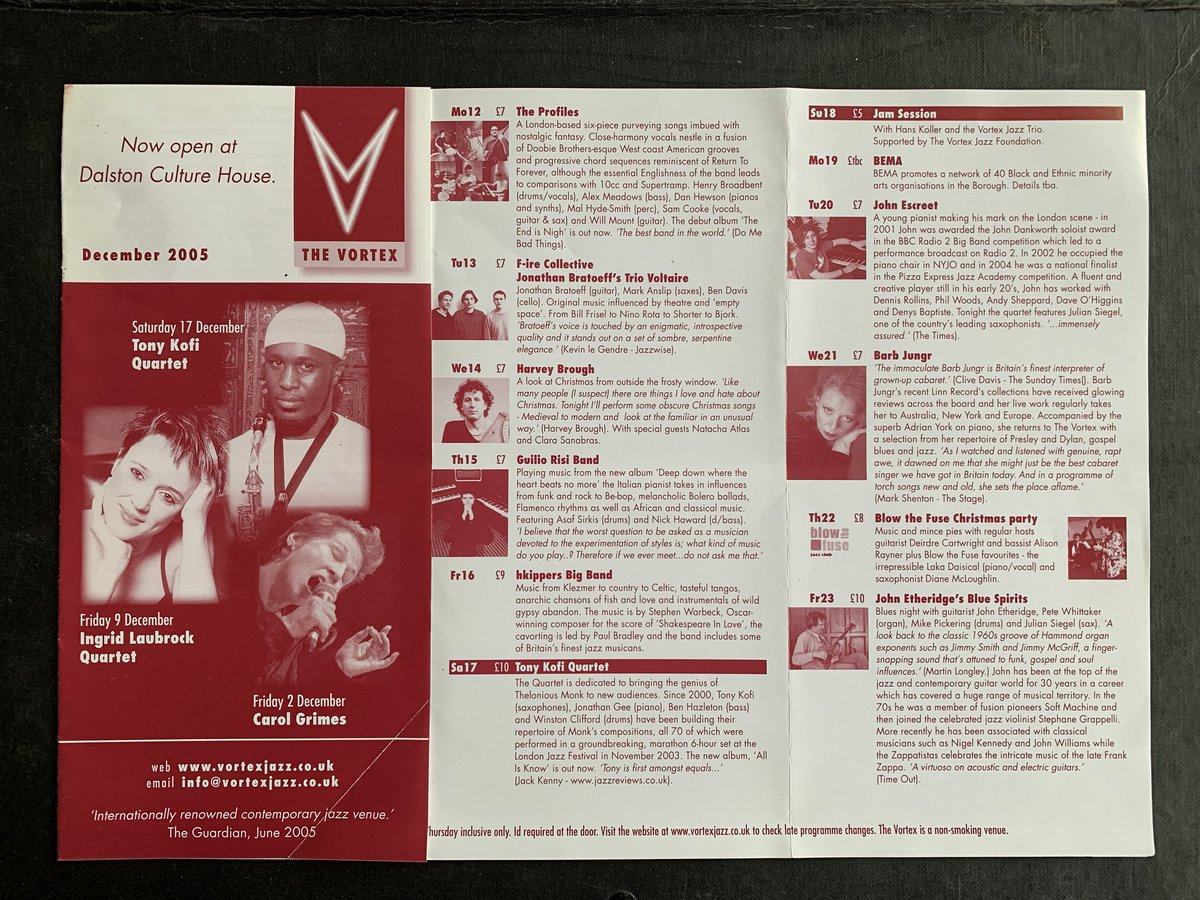 vortexjazz's tweet photo. Dec 2005 and the Vortex was based at the Dalston Culture Centre. Tony Kofi Music, Carol Grimes, Ingrid Laubrock were on the front cover.

Please donate generously during our final week of the #SavetheVortex Crowdfunder so we can survive https://t.co/Ordb9Ro1PT https://t.co/jyZjdqDqgF