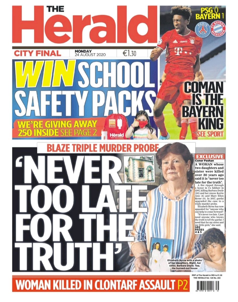 DublinIndo's tweet image. In today's Herald - A woman whose two daughters were killed over 30 years ago said it is "never too late for the truth"

Plus, we've got 250 back-to-school safety packs up for grabs.
