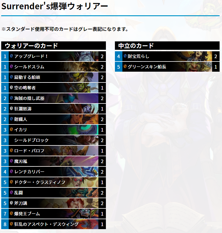 HearthGamers's tweet photo. Surrender(@Surrender_hs)がグランドマスターズで使用中の爆弾ウォリアー。
《レンチカリバー》以外に爆弾を仕込む手段が採用されておらず武器サポートやドローソースを豊富に採用しています。

https://t.co/p0tsM8uxHp

#HS_WAR https://t.co/0f1dNRLeML
