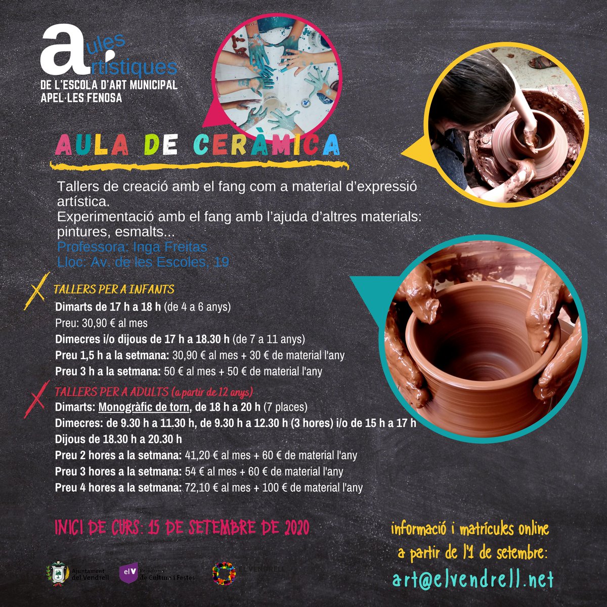 El 15 de setembre comencem les classes de ceràmica i a partir de l'1 de setembre podreu fer les inscripcions al correu electrònic art@elvendrell.net 
Us hi esperem!

#ElVendrell #Cultura #Ceràmica #AulesArtístiques
@elvendrell_cat @CulturaVendrell @ElVendrell2020