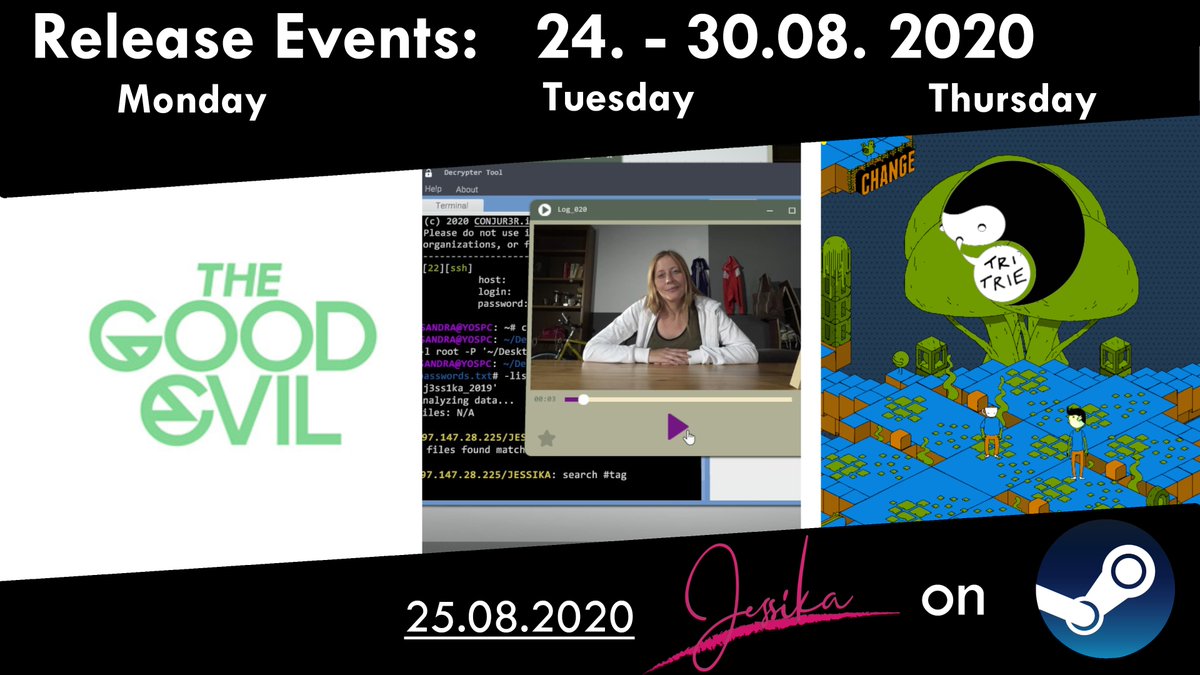 Here is a peak at our release schedule for you!😊 

Monday, 24.08., 18:15 CET: 
Livestream with <a href="/thegoodevilcom/">the Good Evil 🎒✈️ OUT NOW: Rascal's Escape</a> 

Tuesday, 25.08.:
Release of our #indiegame #Jessika on #Steam 🥳💜

Thursday-Sunday, 27.-30.08.:
<a href="/gamescom/">gamescom</a> starts and you can visit our <a href="/IndieArenaBooth/">Indie Arena Booth</a> to meet us!