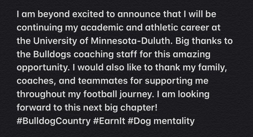DanielskiLuke's tweet photo. Proud to announce my commitment to the University of Minnesota Duluth. 🏈 Thanks to everyone who made this possible. #BulldogCountry #Committed ‼️ https://t.co/eImZC4mjrZ