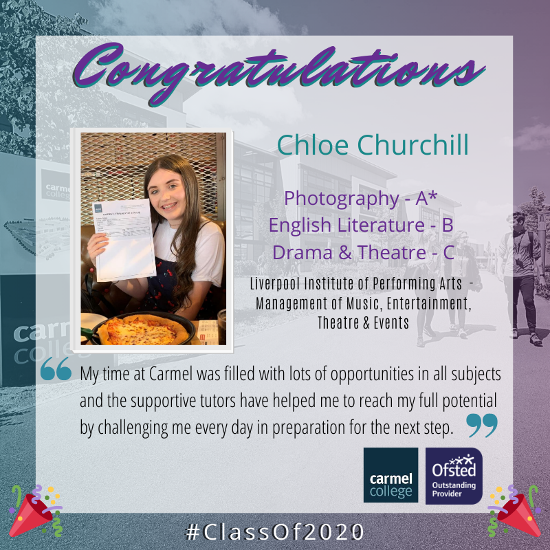 CarmelCollege's tweet photo. Great to hear from Chloe Churchill, who let us know what great results she received in her A-Levels and what better way to celebrate than with pizza 🍕😍 Chloe is heading to Liverpool Institute of Performing Arts to study Management of Music, Entertainment, Theatre &amp; Events. 👏 https://t.co/ZMoIdMPlHe