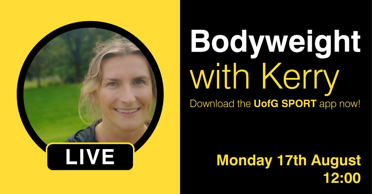 UofGSport's tweet photo. Join Kerry on our @uofgsport app today at 12 noon for a #bodyweight class. Download the #app at https://t.co/sNkpswyQvH and enjoy! 🤸‍♂️🏋️‍♂️🤸‍♂️

#TogetherAtHome #Move4Mind #uofgsport #MondayMotivation #fitness #workout #health #training #WorkoutFromHome #fitnessapp https://t.co/9AVGLXjHX0