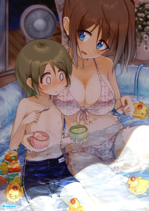 夏休み、水浴びしながらアイスを食べるお姉さんと少年の絵です。 