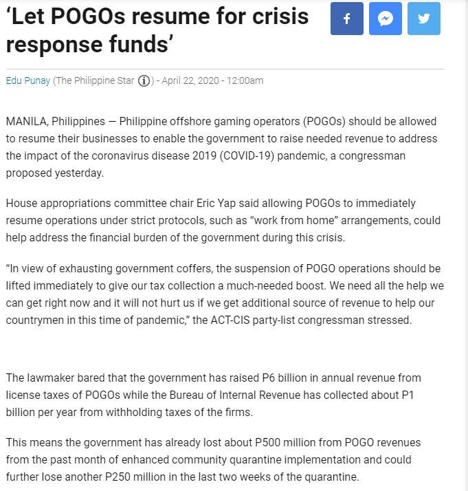As the vice chair of the House games and amusements committee, he supported the calls to resume the operation of POGOs to raise fund for the pandemic. Talaga naman!  #PoonNgPOGO  #ChinaLayas https://www.philstar.com/headlines/2020/04/22/2008901/let-pogos-resume-crisis-response-funds