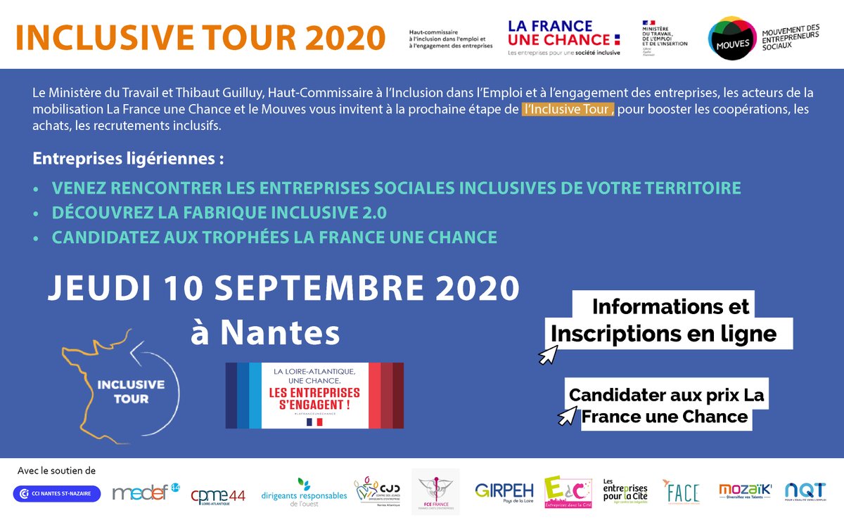 [Emploi-#Handicap] Ne manquez pas l'étape ligérienne de l'#InclusiveTour 2020, jeudi 10 septembre à #Nantes. Entreprises, travaillons ensemble pour construire la société #inclusive de demain ! Programme &amp; inscription 👉🏻bit.ly/2Qj1w0X