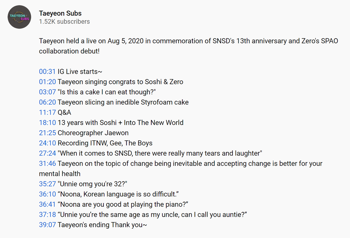 taeyeonsubs's tweet photo. Translator/Timer/Typesetter: @jasminelep

Check out the timestamps in the description of the youtube video! 

Taeyeon talks about SNSD's 13th anniversary, reminisces recording SNSD songs, cuts into an inedible styrofoam cake, and talks about accepting change 💜 https://t.co/6rSCCQyBnn
