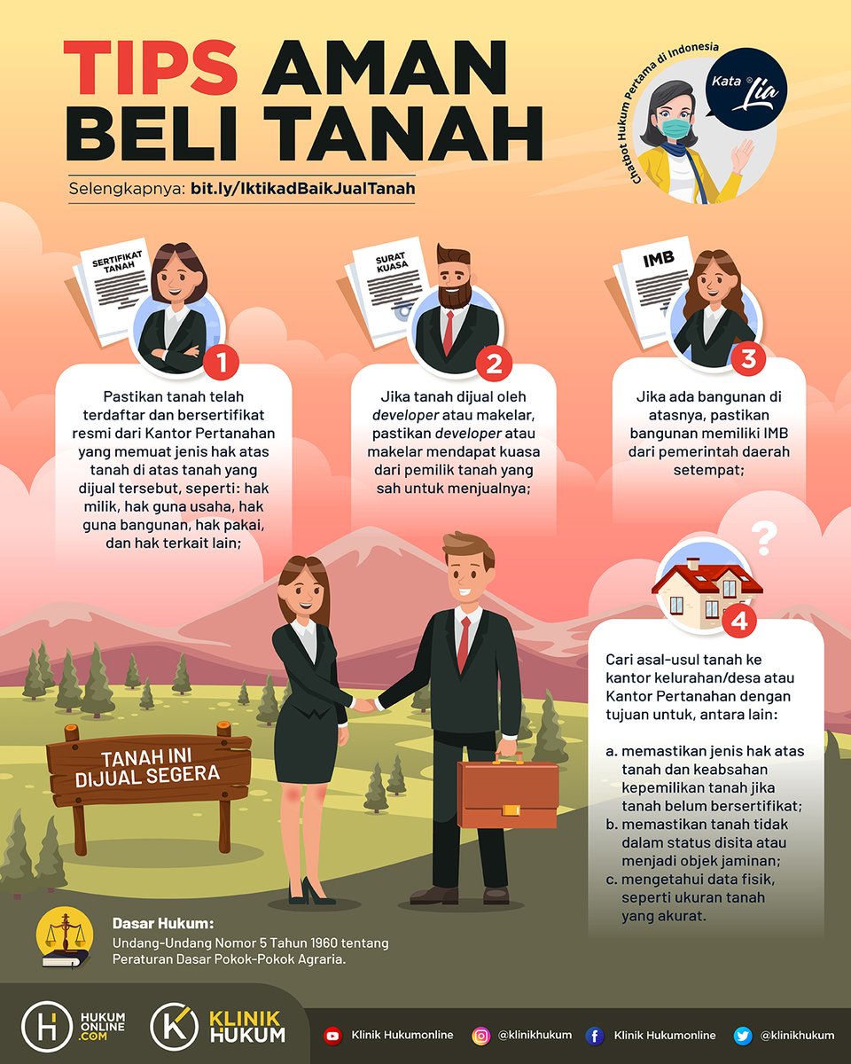 klinikhukum's tweet photo. Kamu berencana membeli sebidang tanah? Coba baca tips yang satu ini dulu, supaya transaksi jual beli tanah jadi aman menurut aspek hukum. 

Selengkapnya: https://t.co/e4hOwiSox8

#KlinikHukum #tanah #jualbeli #bangunan #rumah #jualtanah #jaminan #hakmilik https://t.co/NW3u67mZvU