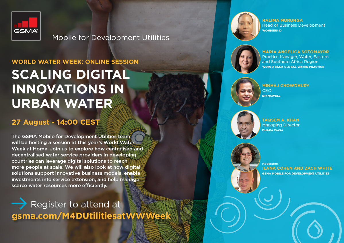 GSMAm4d's tweet photo. Join our session at #WWWeek to hear from members of @drinkwellco, #Wonderkid, @WorldBankWater and @dhakawasa on employing #digital solutions to reach more people at scale in emerging markets. 

📅 27 August @ 14:00 CEST 
Register ➡️ https://t.co/NrbUdChXrg

#SDG6 #M4DUtilities https://t.co/Hmblk1LBdG